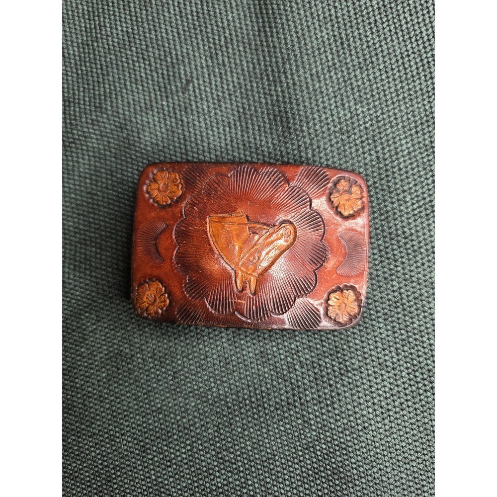 Vintage Mexican Handcrafted Leather Belt Buckle Bird Carving Nickel Silver Back